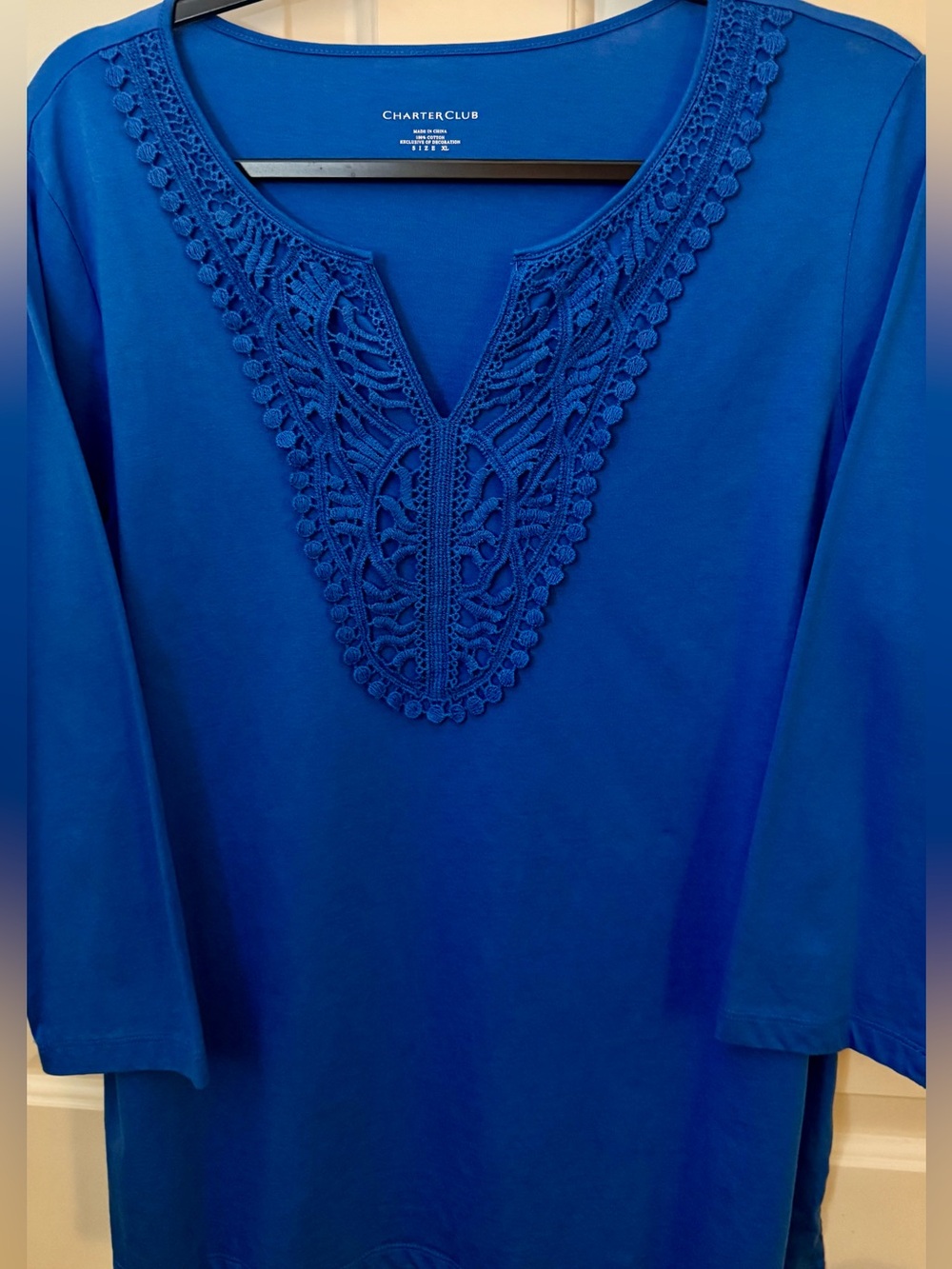 Charter Club Top 100% Cotton Boho Style Blue Crochet-Trim Top Size -  XL - Picture 7 of 9